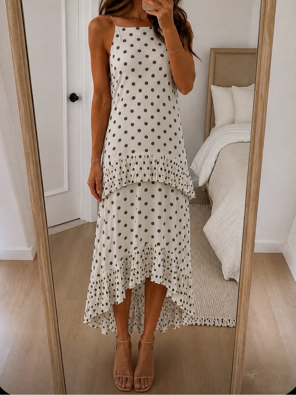 Lulu's Cream Maxi Dress with Olive Green Polka Dots
